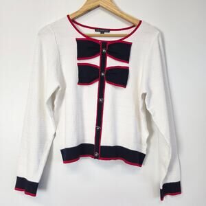 Adrianna Papell Ivory Navy Red Bow Long Sleeve Sweater Cardigan Sz L
